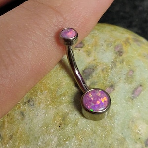 Bezel Set Pink Fire Opal Internally Threaded Titanium Belly Bar Navel Piercing Ring - UK Seller