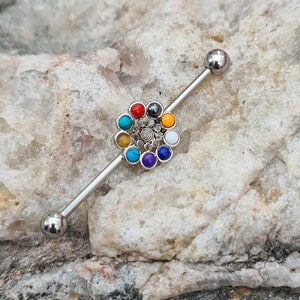 Semi Precious Stones | Chakra Flower Scaffold Industrial Piercing Barbell | Body Jewellery | UK Seller