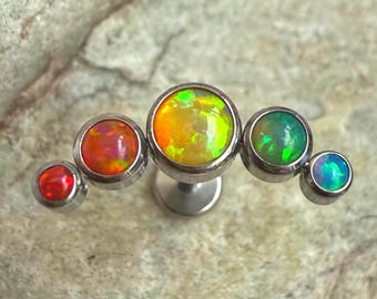 Rainbow Fire Opal Arc Cluster Titanium Piercing Stud | 1.2mm 16g | Flat Back Labret | Ear Cartilage Conch Helix Tragus Jewelry | UK Seller