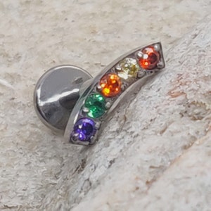 Small Rainbow Curve Crystal Cluster | Titanium Internally Threaded Flat Back Labret Stud | 1.2mm (16g) | Ear Cartilage Conch Helix Earring