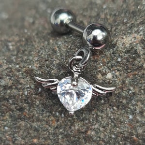 Crystal Angel Heart CZ Cartilage/Helix Tragus Conch Ear Barbell Earring Stud - UK Seller