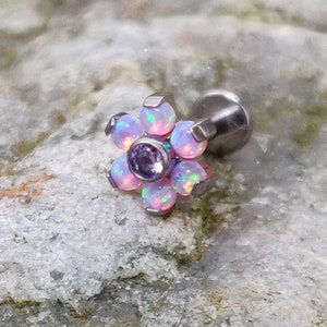 Pink Fire Opal & Crystal Flower Titanium Labret Stud - 1.2mm Gauge - suitable for lip, tragus, helix, conch etc - UK Seller