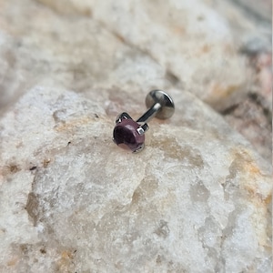 Peut inclure: Un piercing corporel argenté avec une petite pierre précieuse ronde de couleur violette.