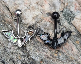 Abalone Shell Winged Bat Belly Bar - Surgical Steel Navel Piercing Bar - UK Seller