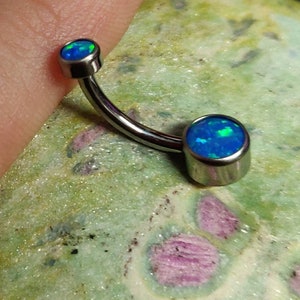 Bezel Set Blue Fire Opal Internally Threaded Titanium Belly Bar Navel Piercing Ring - UK Seller