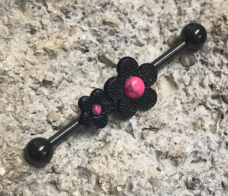 Pink Dyed Howlite Gem Daisy Flower ScaffoldIndustrial Piercing Barbell UK Seller