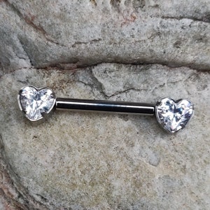 1 x Heart Clear Crystal CZ Nipple Bar | THREADLESS Push Pin | Implant Grade Titanium | Body Piercing Barbell Jewelry Ring | 1.6mm 14g