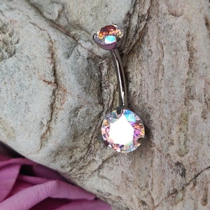 AB Aurora Borealis Cubic Zirconia Prong Set Crystal Belly Bar - Titanium Navel Piercing Bar - Internally Threaded - UK Seller