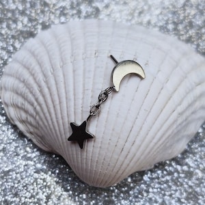 Threadless - Crescent Moon & Star Dangle Chain - Implant Grade Titanium Attachment ONLY - UK Seller