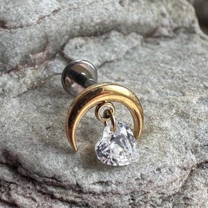 Gold Plate Crescent Moon Crystal Dangle Titanium Piercing Stud | 1.2mm 16g | Flat Back Labret | Ear Cartilage Conch Hidden Helix | UK Seller