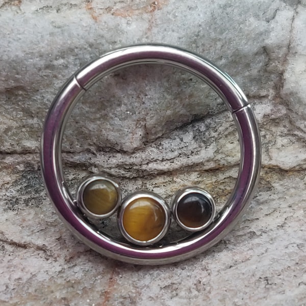 Triple Bezel Semi-Precious Stone Tiger's Eye Implant Grade Titanium Clicker Daith / Forward Helix / Ear Piercing Hinged Ring - UK Seller