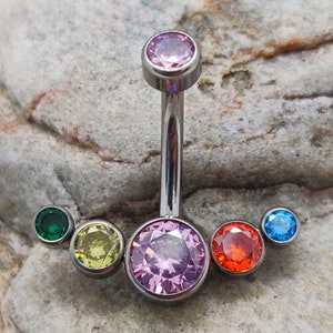 Multicolour Rainbow CZ Crystal Cluster | Internally Threaded Titanium Belly Bar | Implant Grade Navel Piercing Ring | UK Seller | Reversible
