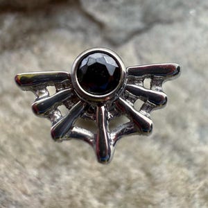 Könnte beinhalten: Ein silberfarbenes, dekoratives Schmuckstück mit einem zentralen, facettierten schwarzen Edelstein. Das Design weist eine symmetrische, stilisierte Flügel- oder Fächerform mit aufwendigen Details auf. Das Stück ist vor einem neutralen, strukturierten Hintergrund platziert.