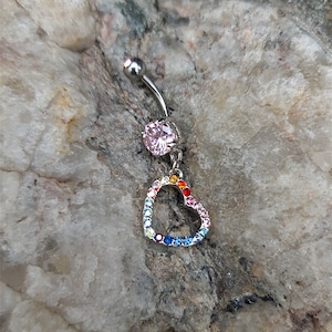 Rainbow Crystal Heart Dangle Belly Bar - UK Seller