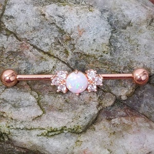 White Fire Opal Stone & Crystal CZ Rose Gold Scaffold/Industrial Piercing Barbell - UK Seller