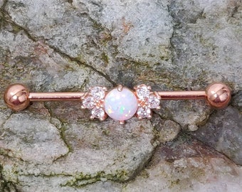 White Fire Opal Stone & Crystal CZ Rose Gold Scaffold/Industrial Piercing Barbell - UK Seller