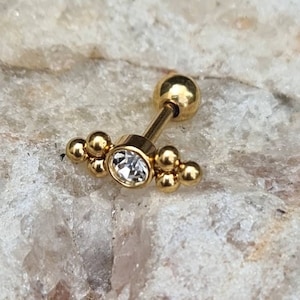 Gold PVD Plated Double Bead Cluster 1.2mm Tragus Bar - suitable for cartilage piercings including tragus and helix piercings - UK seller