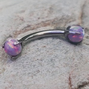 Purple Fire Opal Prong Set Stone | 1.2mm 16g Internally Threaded Titanium Curved Barbell | Rook Eyebrow Anti Tragus Piercing Bar | UK Seller