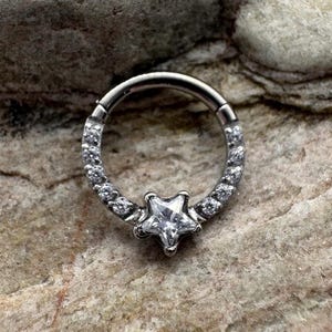 Star Crystal Pave | 1.2mm (16g) 8mm 10mm Clicker Hinged Piercing Ring | Implant Grade Titanium | For Septum Ear Daith Helix Hoop | UK Seller