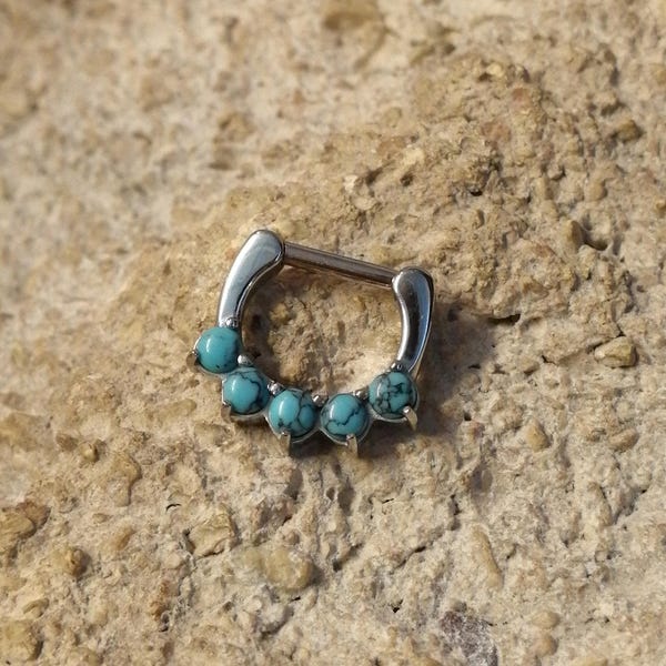 Small Turquoise Stone Semi-Precious Septum Clicker Ring - UK Seller