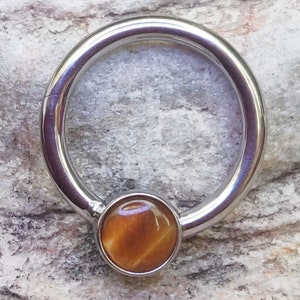 Tiger's Eye | 1.2mm (16g) Clicker Hinged Piercing Ring | Semi Precious Stone Implant Grade Titanium | For Septum Ear Daith Helix | UK Seller