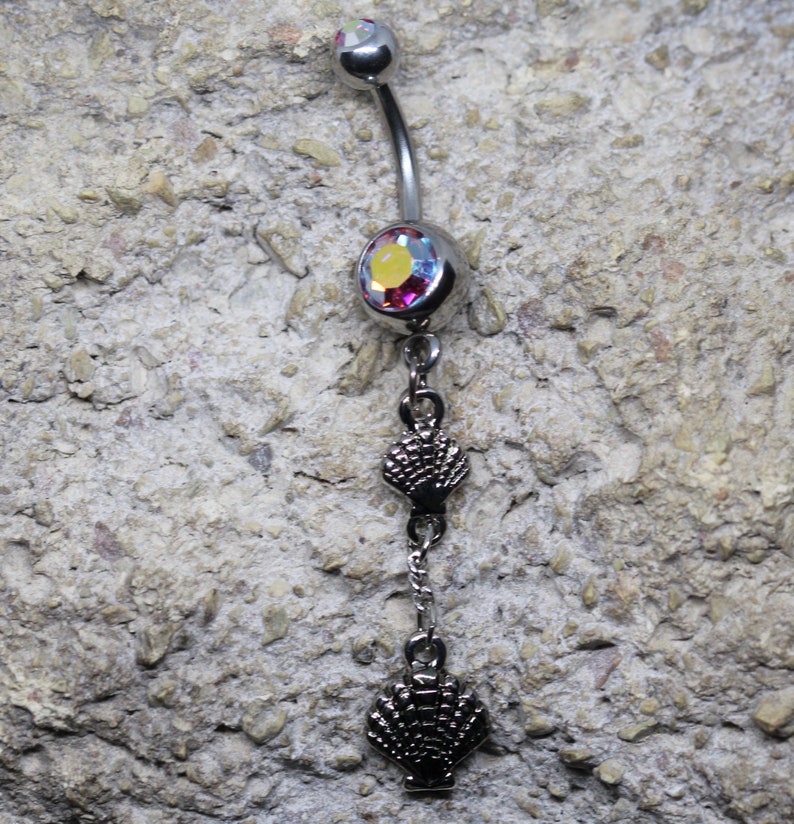 Sea Shell Dangle Iridescent Crystal Navel Ring Belly Bar UK Seller