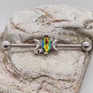 Mystic Topaz CZ Crescent Moons Goddess | Scaffold/Industrial Piercing Barbell | UK Seller | Ear Piercing Bar | Unusual Body Piercing Jewelry