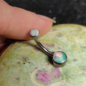 Bezel Set White Fire Opal Internally Threaded Titanium Belly Bar Navel Piercing Ring - UK Seller