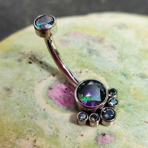 Mystic Topaz CZ Cluster Implant Grade Titanium Internally Threaded Belly Bar - UK Seller