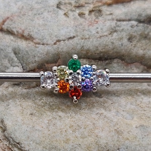Regenboogkristal CZ bloem | Steiger/industriële piercing barbell | 14 g 1,6 mm | Britse verkoper | Oorpiercingstang | Ongebruikelijke body piercing sieraden