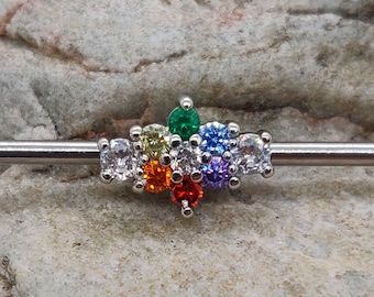 レインボー クリスタル CZ フラワー | スキャフォールド/インダストリアル ピアス バーベル | 14g 1.6 mm | 英国販売店 | 耳ピアス バー | 珍しいボディ ピアス ジュエリー