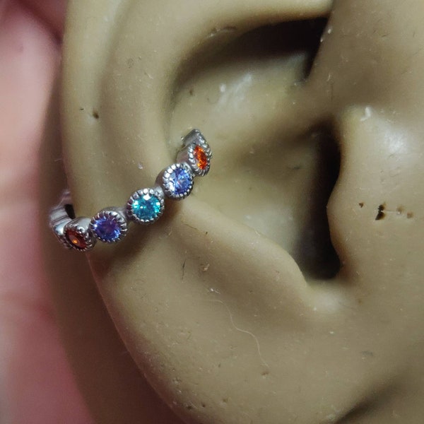 Ensemble de pétoncles arc-en-ciel multi-cz cristal conque piercing dormeur anneau à charnière bijoux - 1,2 mm - vendeur au Royaume-Uni