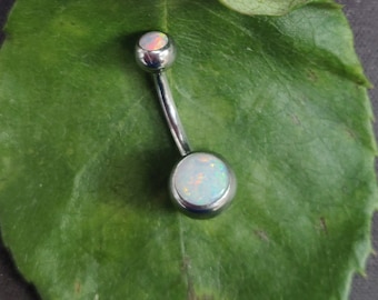 White Fire Opal Belly Bar - Titanium Navel Piercing Bar - Internally Threaded - UK Seller