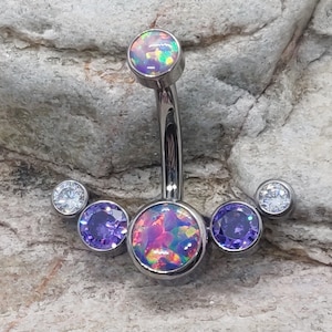 Purple Fire Opal & CZ Crystal Cluster | Internally Threaded Titanium Belly Bar | Implant Grade Navel Piercing Ring | UK Seller | Reversible