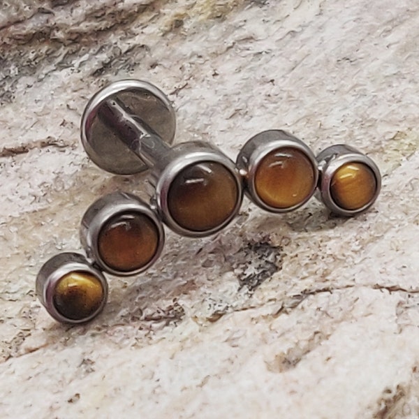 Five Bezel Set Tiger's Eye Arc Cluster | Internally Threaded Titanium 1.2mm Flat Back Stud | For Cartilage Conch Helix Piercings | UK Seller