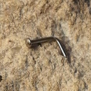 Puede incluir: Un aro de nariz de plata con una pequeña bola en el extremo. El aro está doblado en un ángulo de 90 grados.