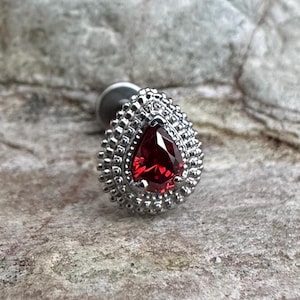Millgrain Pear Beaded Red Crystal CZ Titanium Piercing Stud | 1.2mm Gauge | Flat Back Labret | tragus helix conch ear cartilage | UK Seller