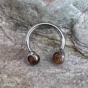 Tiger Eye | 1.2mm (16g) Internally Threaded Titanium Circular Barbell Horseshoe | Septum Hoop Daith Helix Earring Piercing Ring | UK Seller