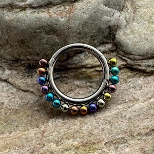 Anodised Rainbow Bead Trim | 1.2mm (16g) Clicker Hinged Piercing Ring | Implant Grade Titanium | For Septum Ear Daith Helix | UK Seller