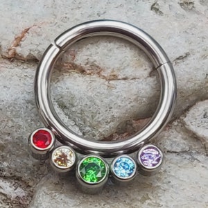 Rainbow Crystal Bezel Set Five CZ | 1.2mm (16g) Clicker Hinged Piercing Ring | Implant Grade Titanium | Septum Ear Daith Helix | UK Seller