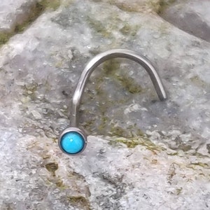 May include: A silver nose ring with a curved design. The nose ring has a small, round, bright turquoise stone at the end of the curved post. The jewellery is set against a textured, grey and green stone surface.