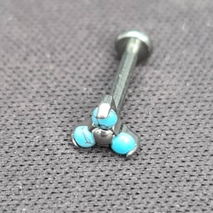 Turquoise Trinity Titanium Internally Threaded Labret Stud - 1.2mm - suitable for lip, tragus, helix , conch, cartilage etc - UK Seller