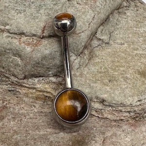 Surgical Steel Tiger's Eye Stone Prong Set Belly Button Ring Surgical Steel Tiger's Eye Stone Prong Set Belly Button Ring