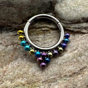 Anodised Rainbow Bead Cluster | 1.2mm (16g) Clicker Hinged Piercing Ring | Implant Grade Titanium | For Septum Ear Daith Helix | UK Seller