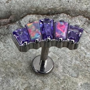 Purple Fire Opal & CZ Cluster | Implant Grade Titanium Flat Back Labret | 1.2mm 16g | Conch Helix Flat Piercing Earring Stud | UK Seller