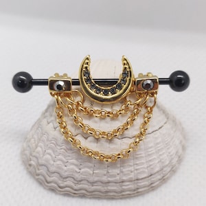 Schwarze CZ Kristalle & Gold Mondgöttin Ketten | Gerüst/Industrial Piercing Barbell | UK Verkäufer | Ohrpiercing Stab | Piercing Schmuck