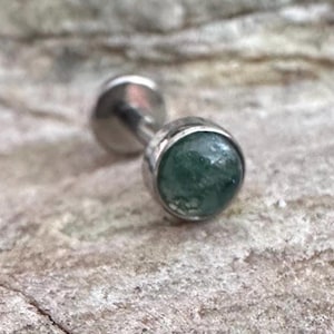 4mm Moss Agate Bezel | 1.2mm 16g Titanium Flat Back Stud | Medusa Labret Helix Cartilage Conch Tragus Earring | Piercing Jewelry | UK Seller