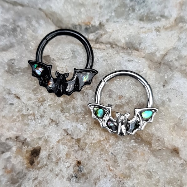 Winged Bat Hinged Septum or Daith Clicker Ring - Surgical Steel and Abalone Shell Wings - UK Seller