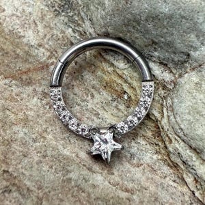 Star Crystal Pave | 1.2mm (16g) 8mm Clicker Hinged Piercing Ring | F136 Implant Grade Titanium | Septum Ear Daith Helix Hoop