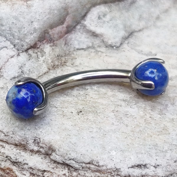 Lapis Lazuli Prong Set Stone | 1.2mm (16g) Internally Threaded Titanium Curved Barbell | Rook Eyebrow Anti Tragus Piercing Bar | UK Seller